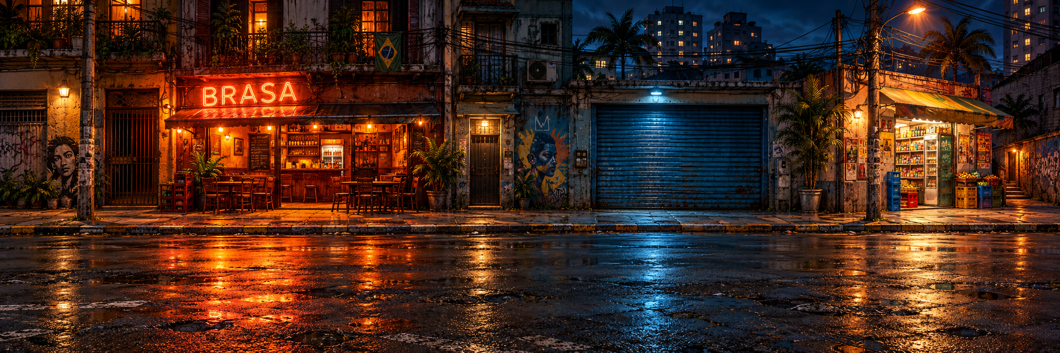 Rua brasileira iluminada à noite